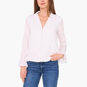 1. State Women's White Dressy Button Front Blouse Flair Detail Sleeves NWT